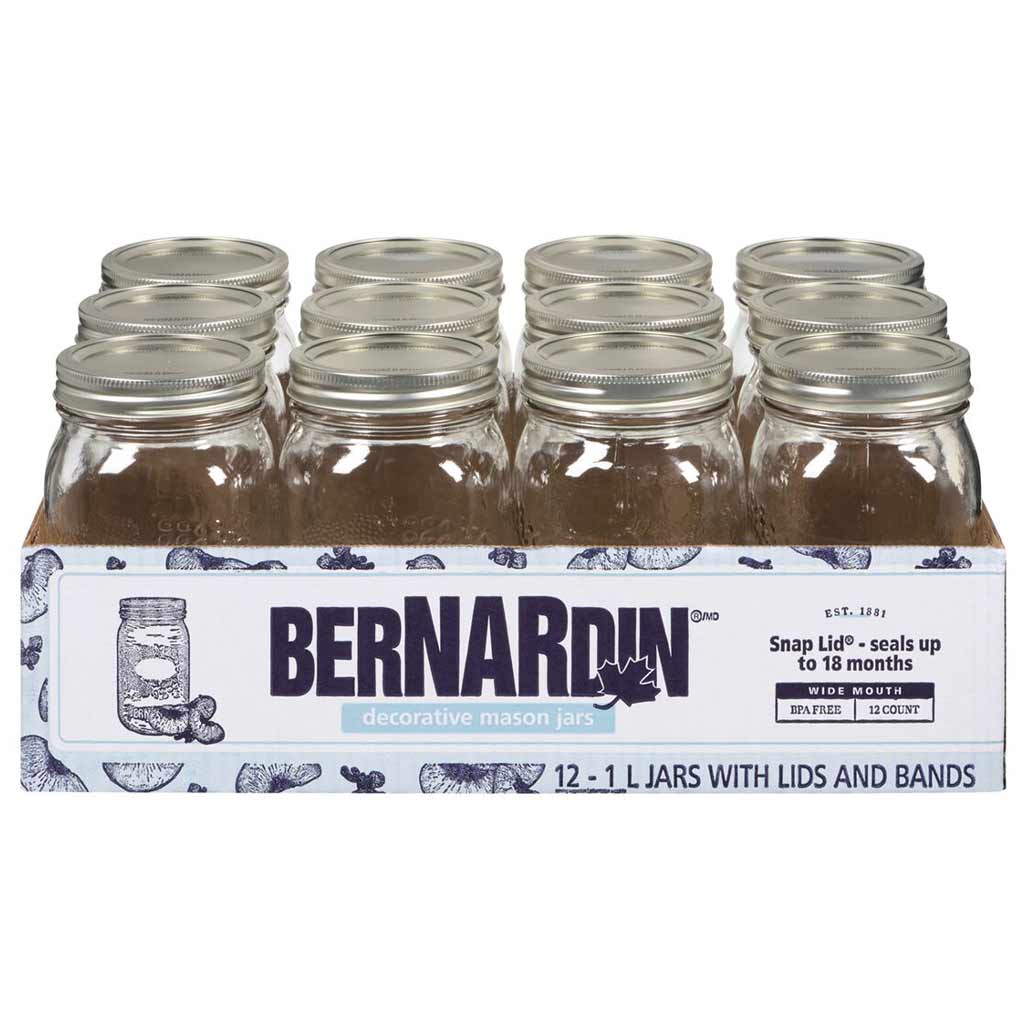 BERNARDIN MASON JAR 1L WIDE MOUTH DECORATIVE W/ LIDS (12PK)