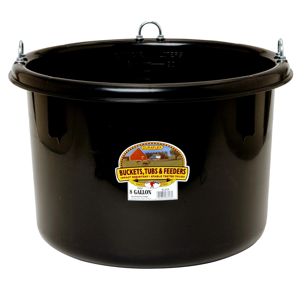 MILLER FEED TUB PLASTIC ROUND W/HOOKS 8GAL BLACK P800