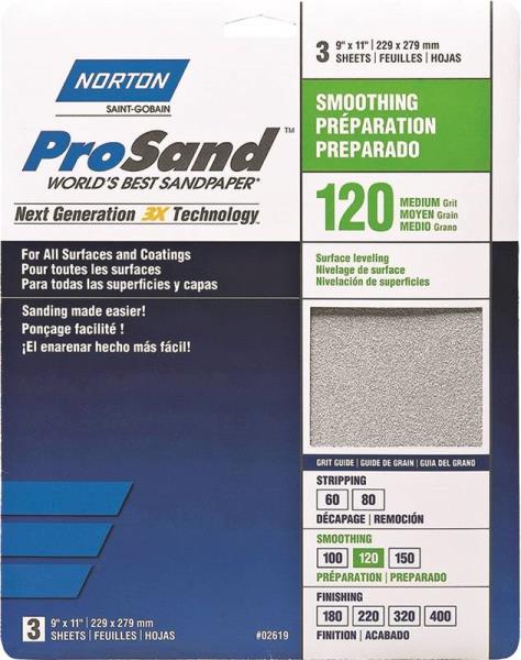 NORTON PROSAND SANDPAPER, 120 MED GRIT, 3 SHEETS