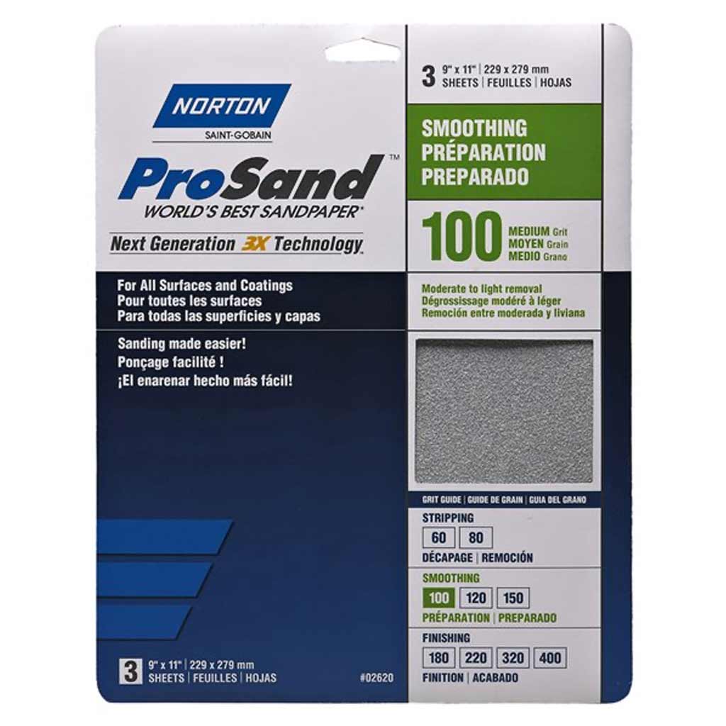 NORTON PROSAND SANDPAPER, 100 MED GRIT, 3 SHEETS