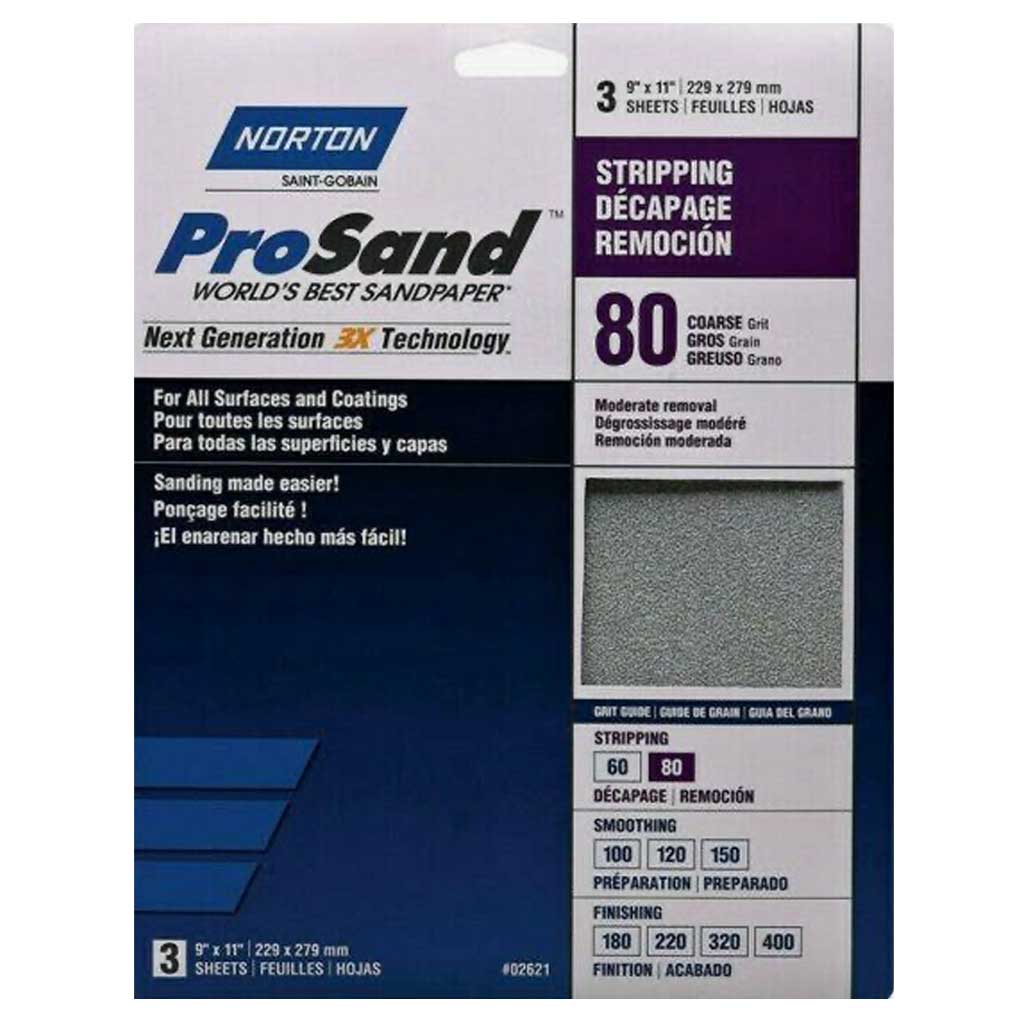 NORTON PROSAND SANDPAPER, 80 COARSE GRIT, 3 SHEETS