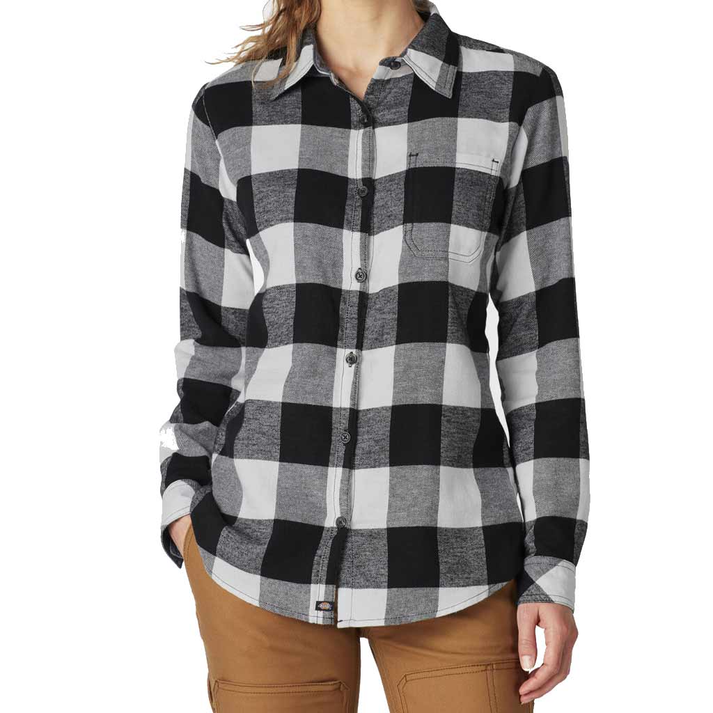 DV - DICKIES WOMEN FLANNEL LONG SLEEVE SHIRT WHITE/BLACK PLAID MEDIUM