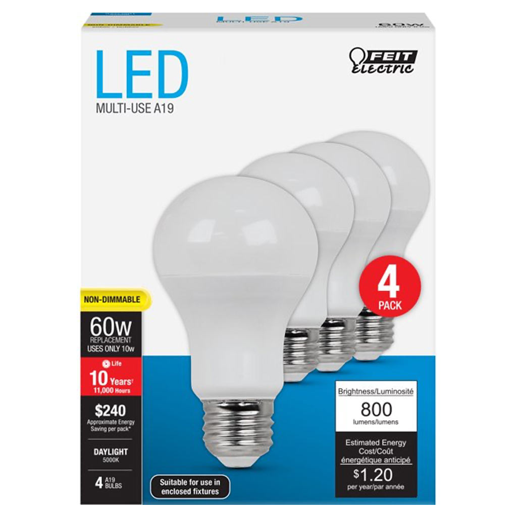 FEIT LED LIGHT BULB 60W DAYLIGHT A19 NON-DIMMABLE (4PK)