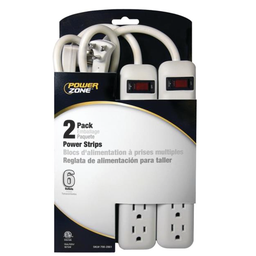 [10033936] POWERZONE POWER OUTLET STRIP 6-SOCKET, 18&quot;L CABLE, WHT, 2PK